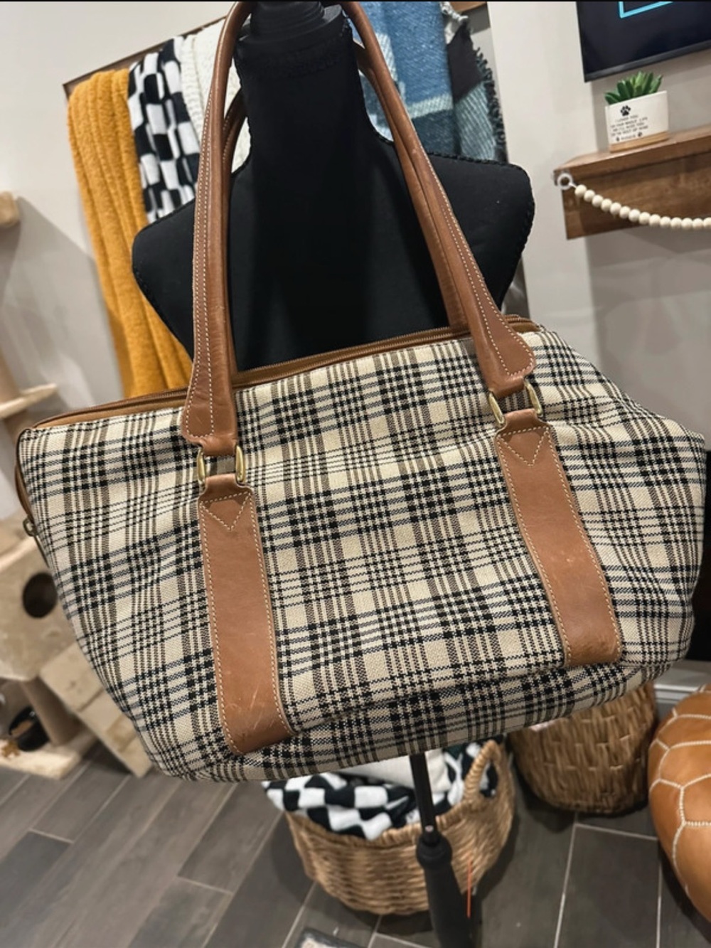 Vintage Plaid Tote Bag with Tan Leather Trim